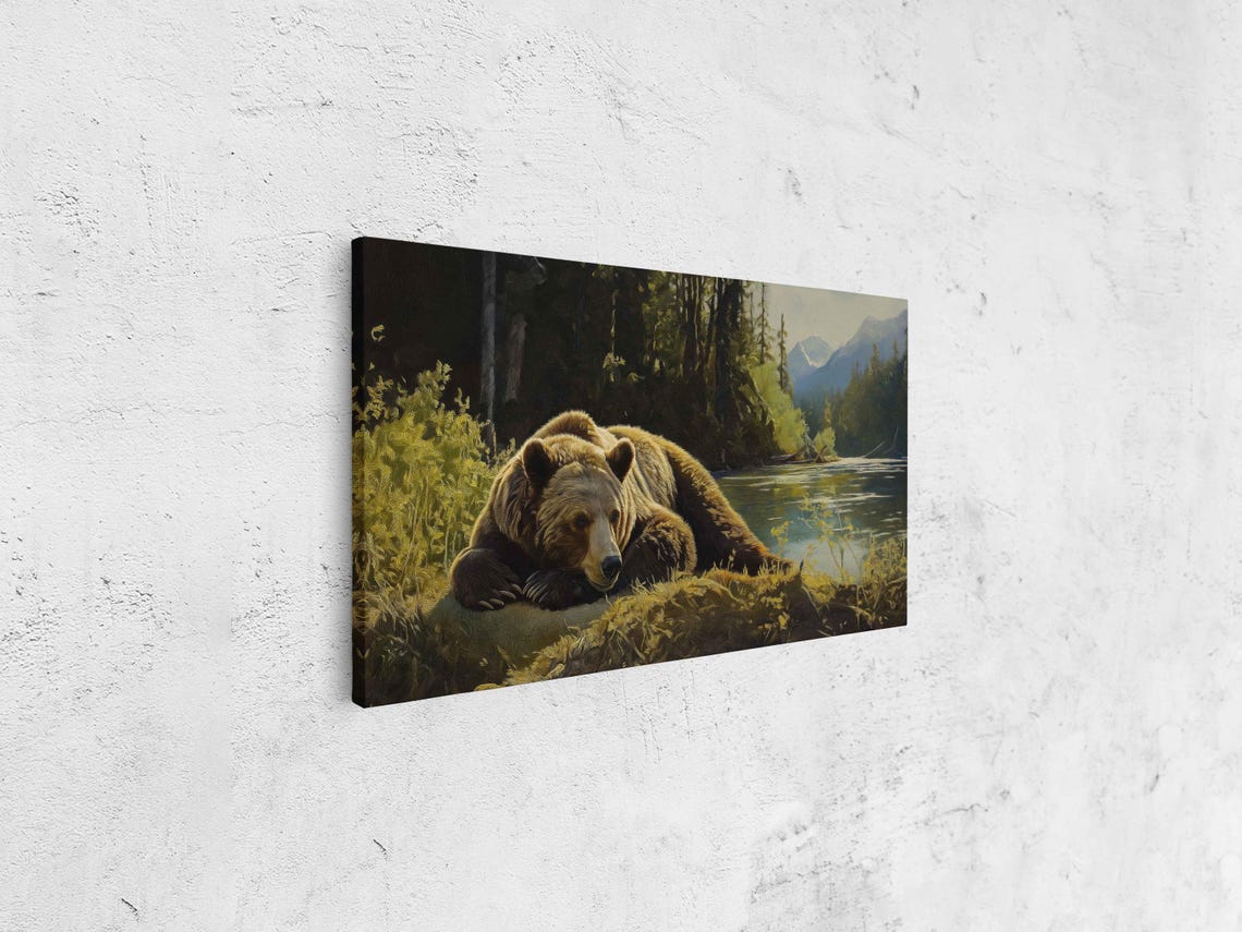 Grizzly Bear Resting By The River Mountain View Realistic Art Poster - Image 4