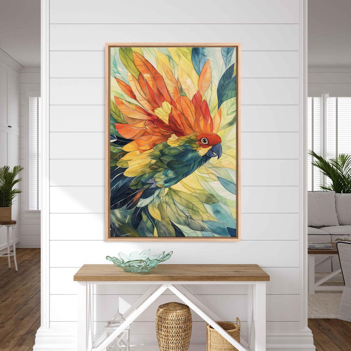 Tropical Parrot Watercolor Red Orange Green Feathers Wall Art Print