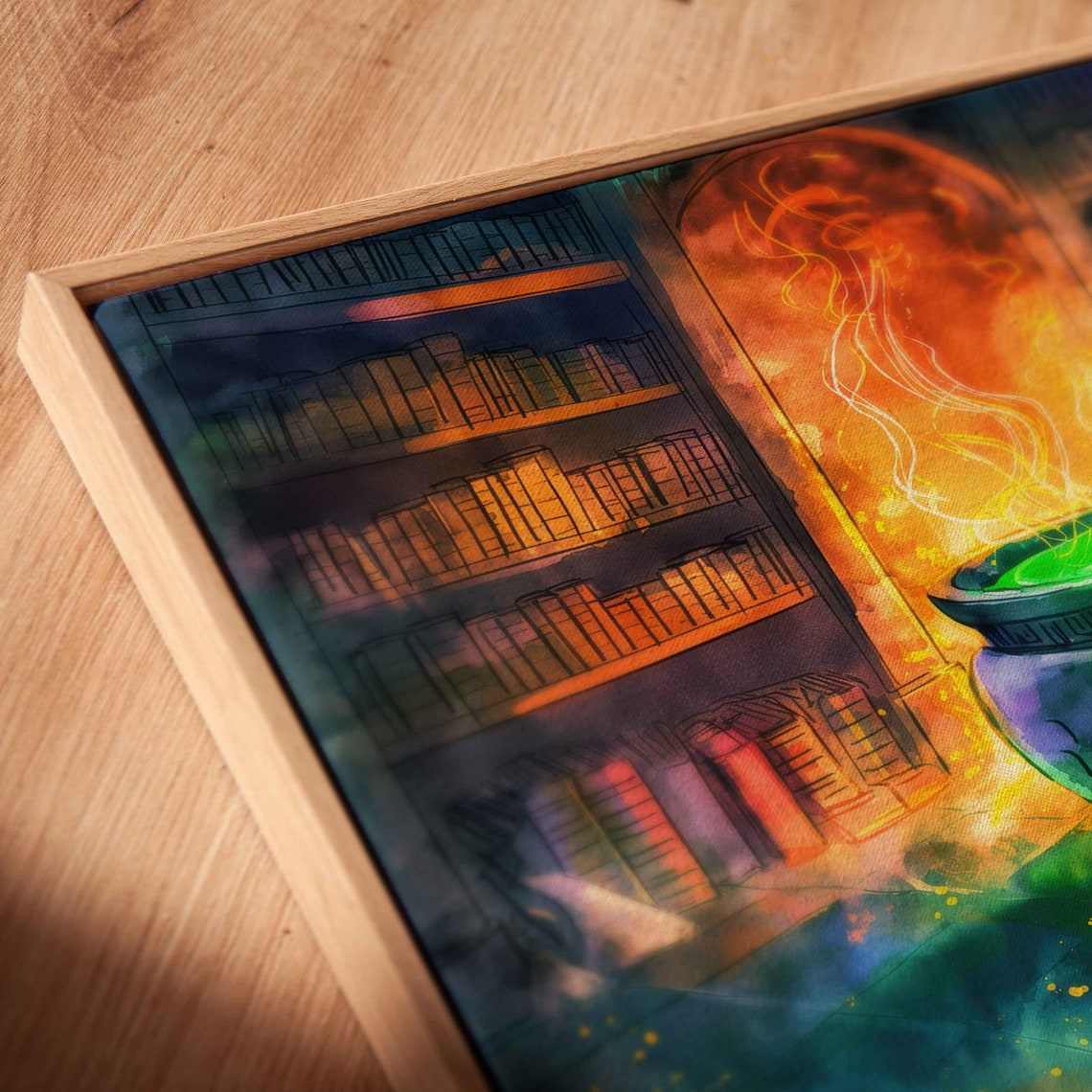 Witches Cauldron Brewing Green Potion Magical Library Watercolor Art - Image 2