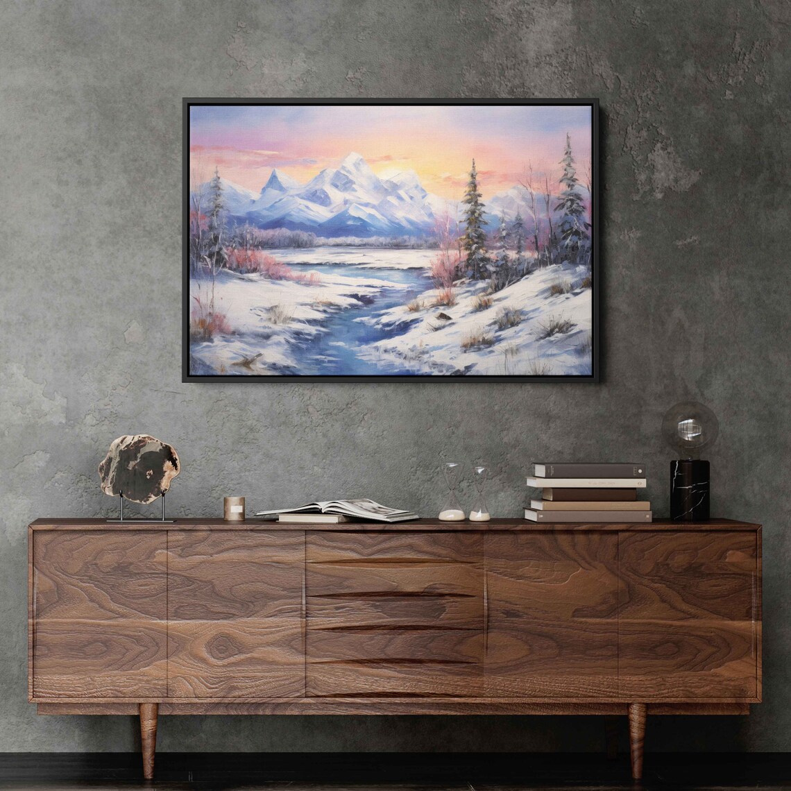 Snowy Mountain Sunrise Winter River Frosted Pines Landscape Painting Poster - Image 3