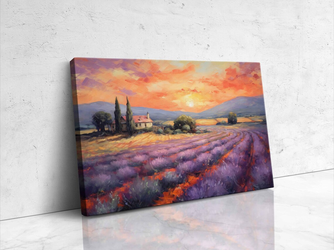 Lavender Field Sunset Farmhouse Impressionist Purple Rows Art Poster - Image 4