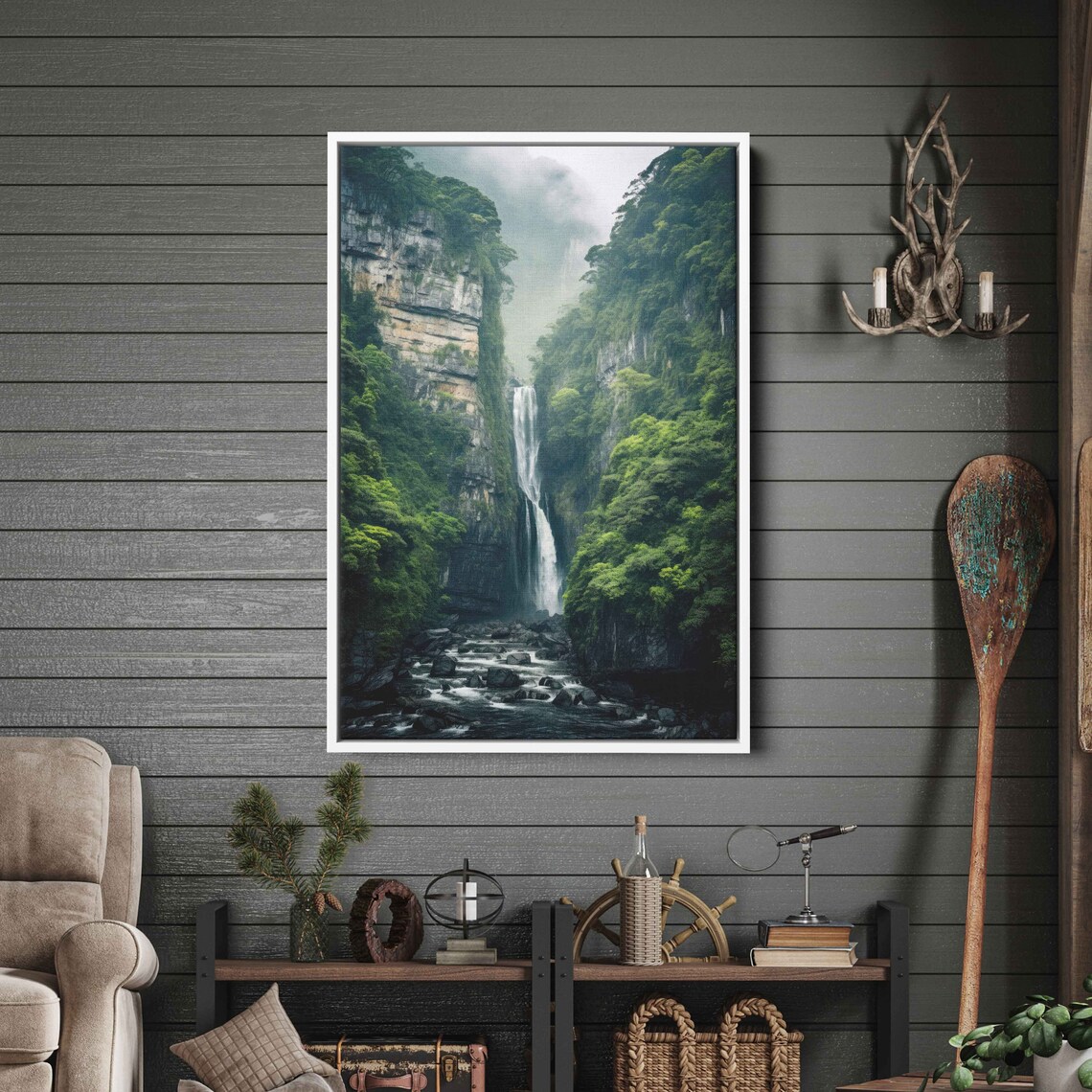 Towering Waterfall Over Rugged Cliffs Wall Art Ready To Hang Cliffside Nature Crashing Water Ready To Hang - Image 2