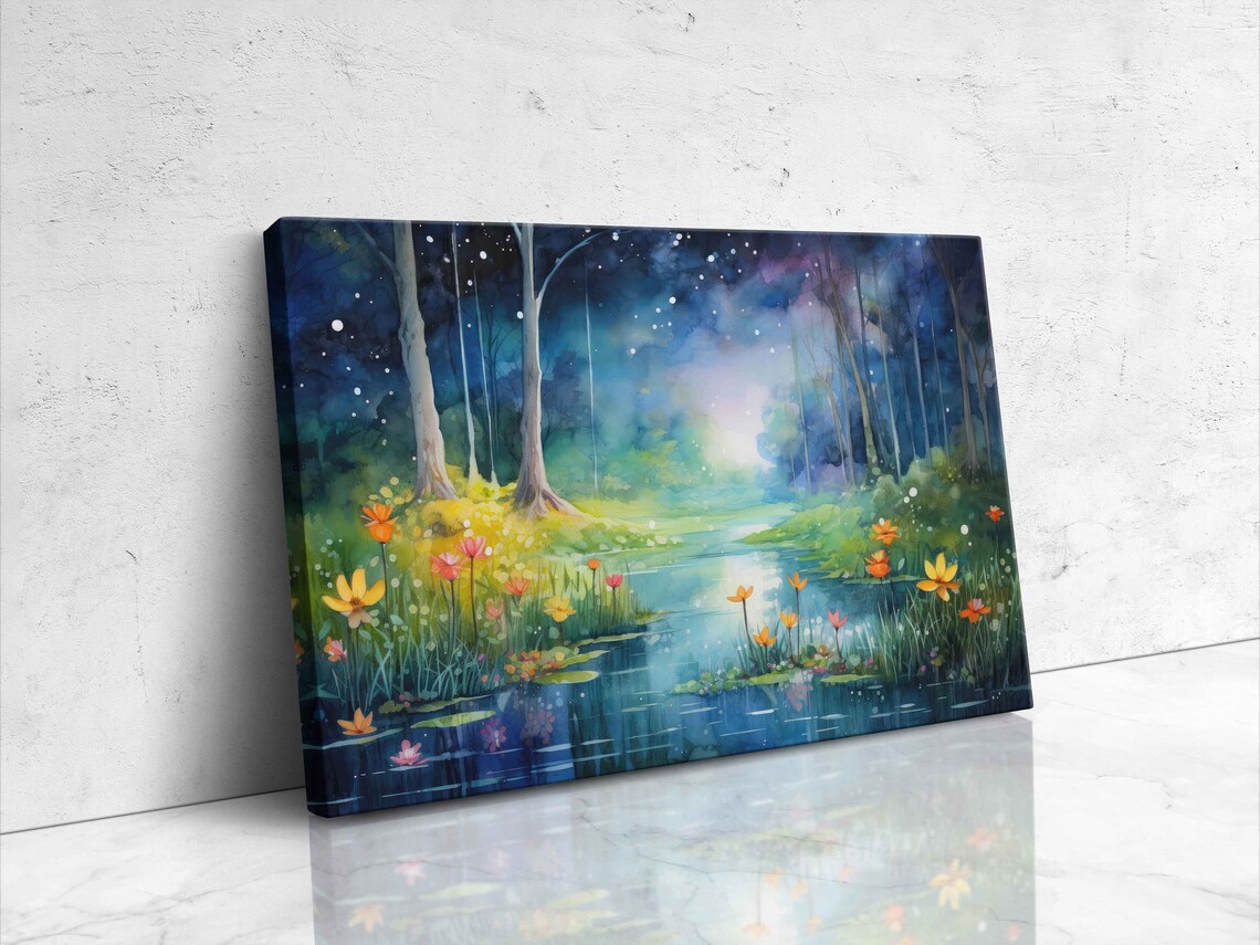 Watercolor Whimsical Pond In Forest Print On Ready To Hang Housewarming Gift Beautiful Bright Colors - Image 4