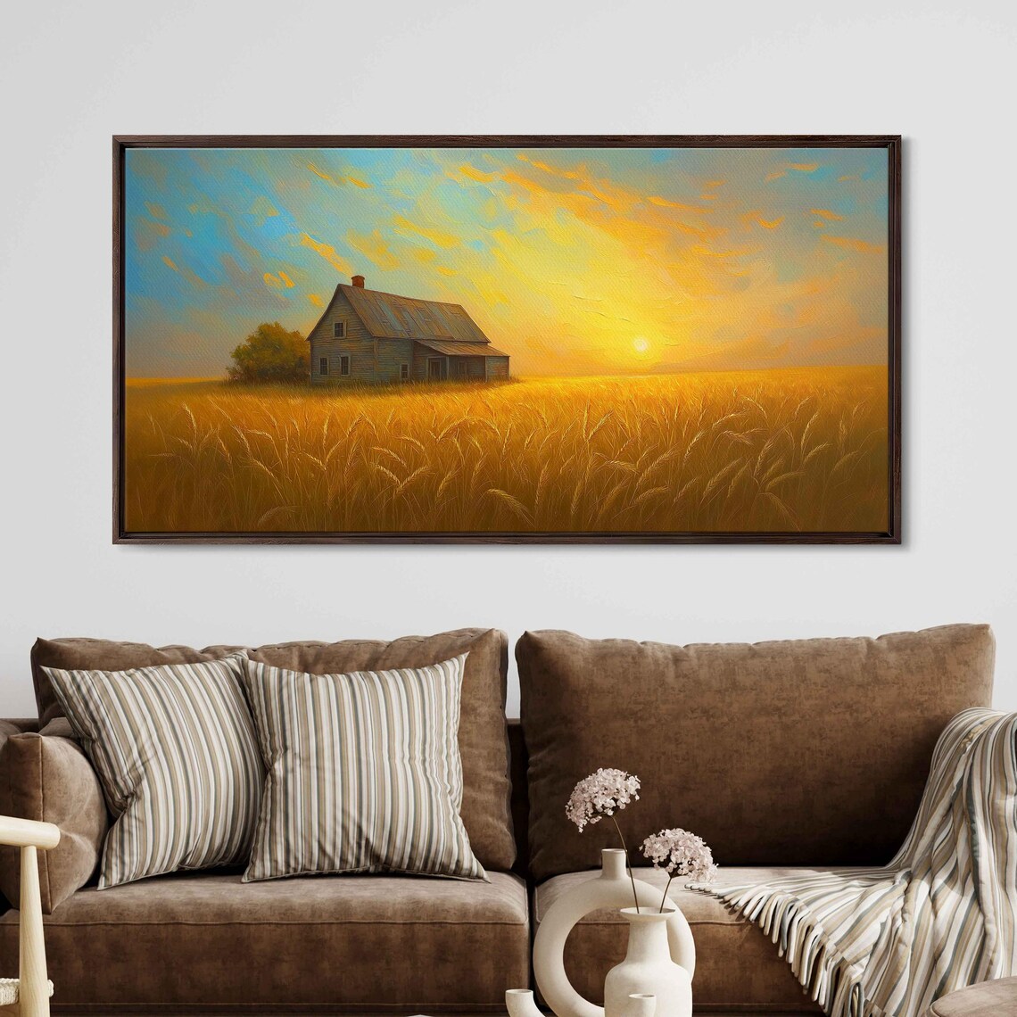 Old Farmhouse Golden Wheat Field Sunset Rustic Country Poster
