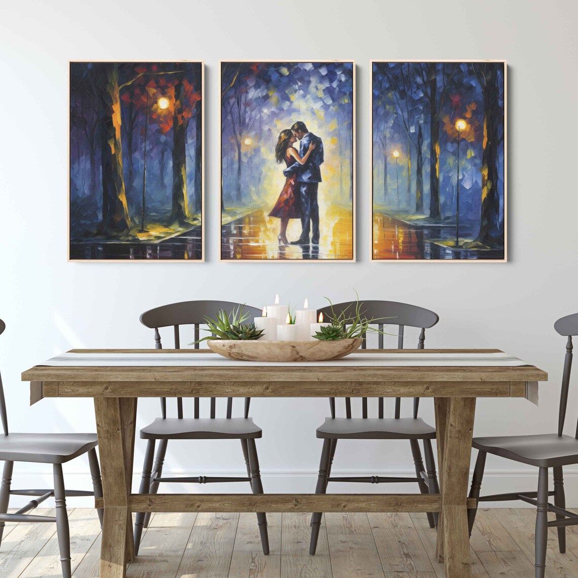 Romantic Couple Night Park Lamp Triptych Palette Knife Wall Art