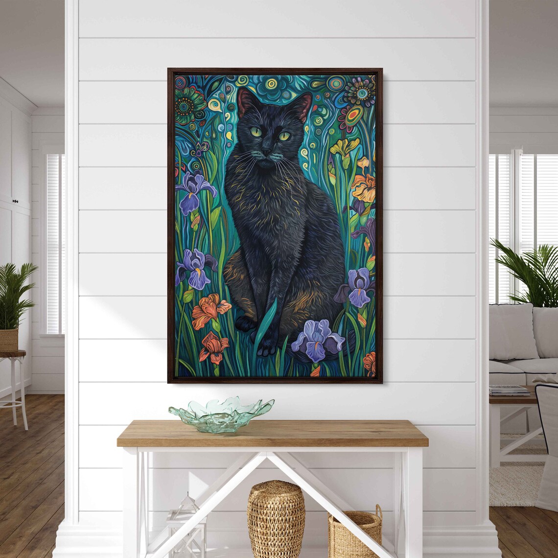 Black Cat Sitting Among Iris Blooms Swirling Night Garden Painting Poster - Image 2