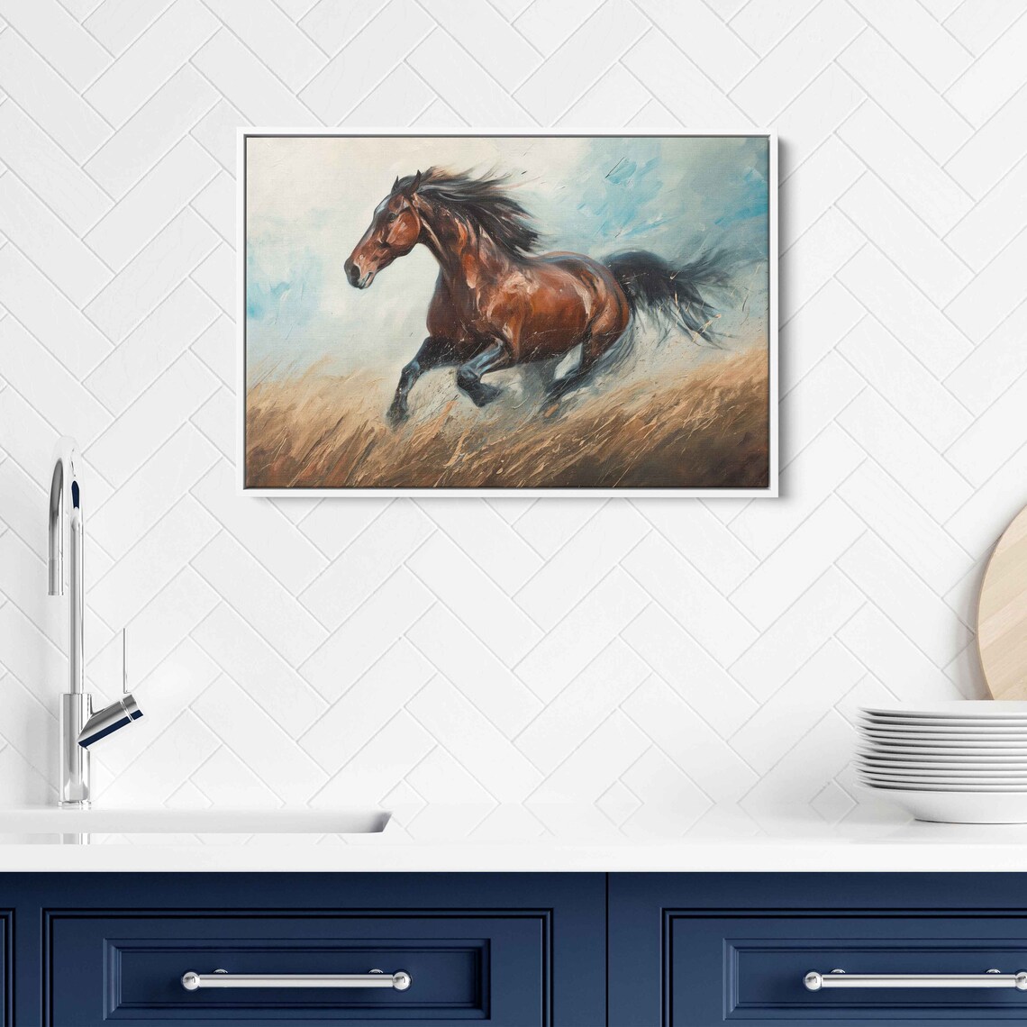 Brown Horse Galloping Golden Wheat Field Prairie Oil Painting Print - Image 3