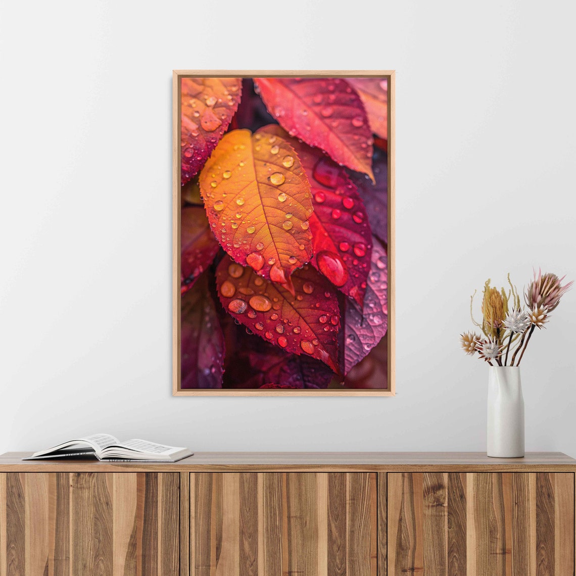 Dew Drops On Vibrant Red Orange Leaves Close Up Macro Photo Poster