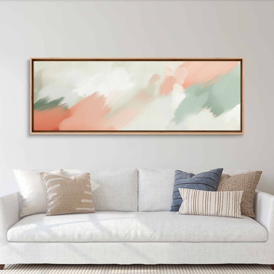 Coral Sage Green Diagonal Washes Wide Pastel Abstract Painting Poster