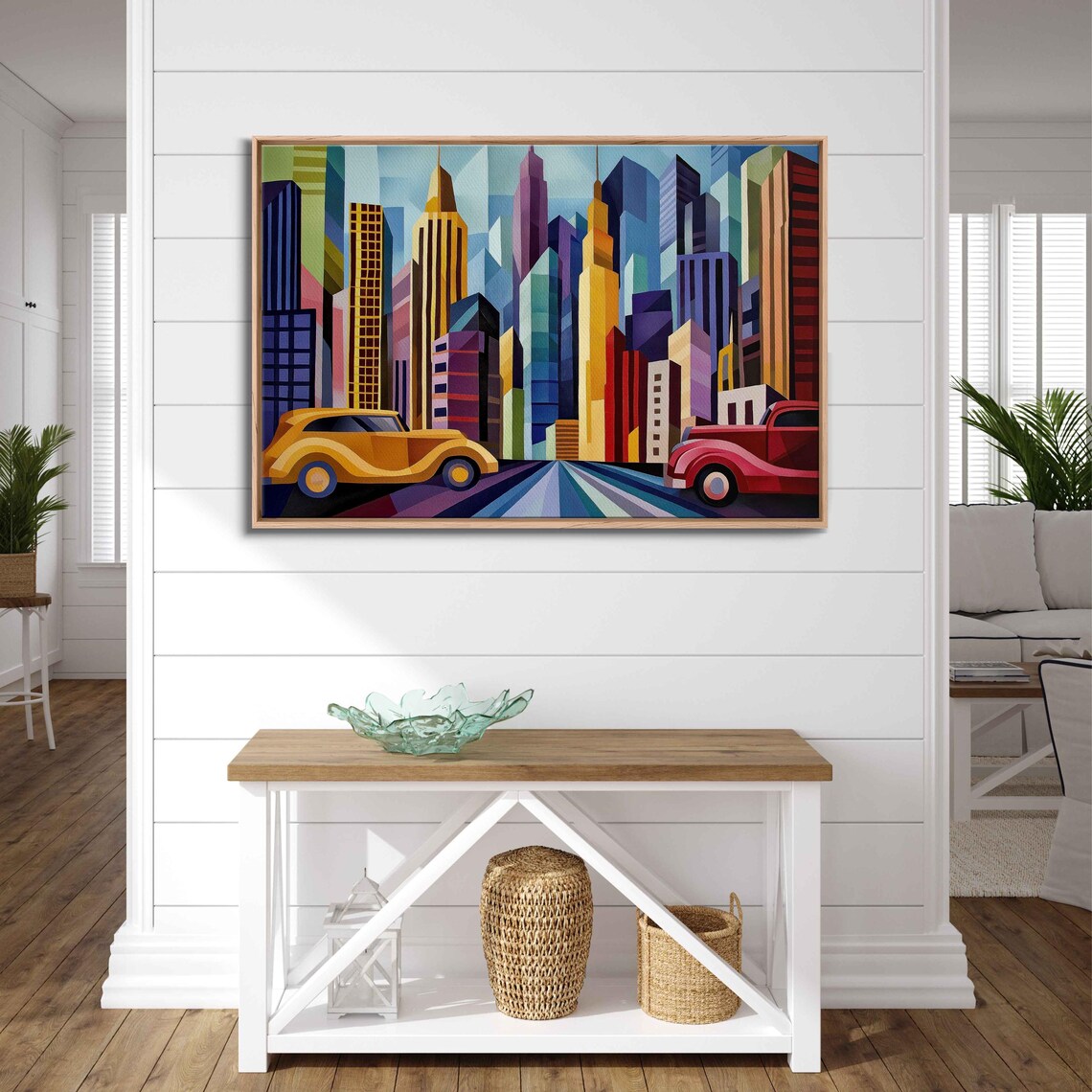 Art Deco Metropolis With Vintage Cars Geometric Cityscape Poster - Image 3