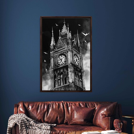 Old Eerie Gothic Clocktower In Foggy Night With Flying Bats Wall Poster