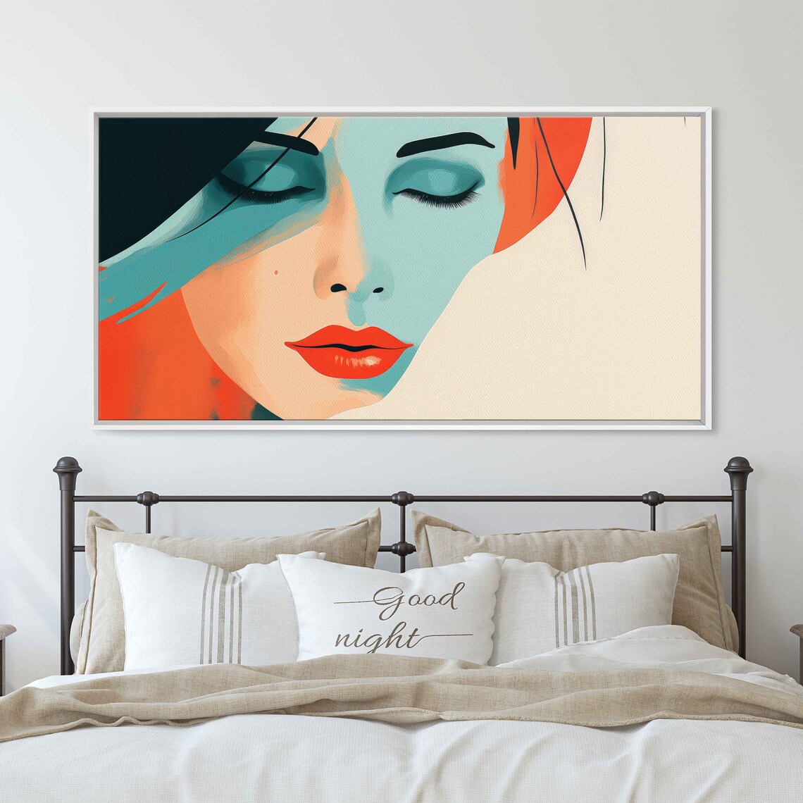 Pop Art Woman Face Teal Orange Closed Eyes Red Lips Fashion Wall Print - Image 3