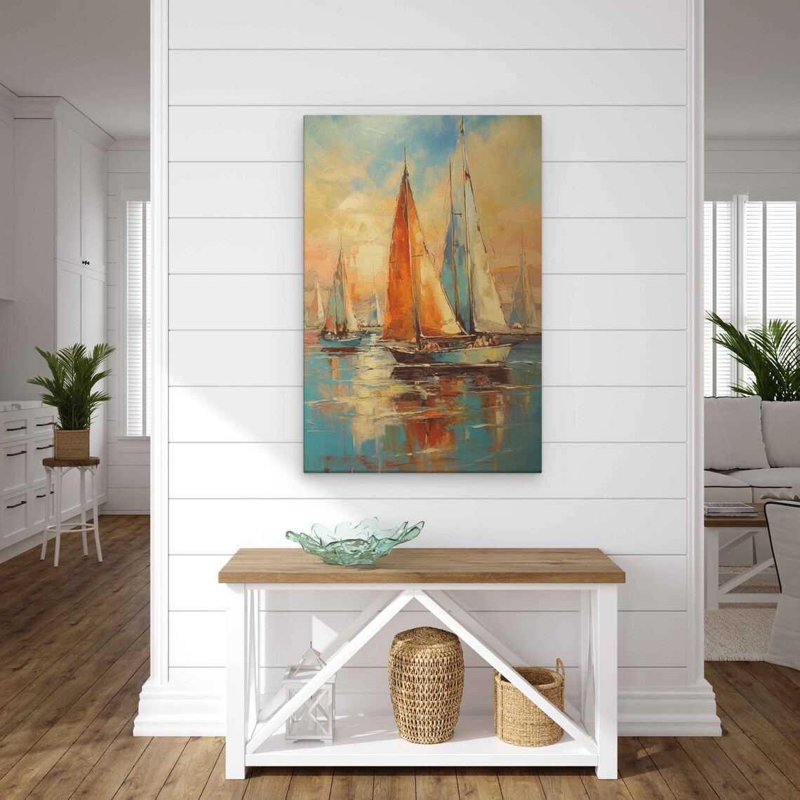 Sailboats On Ocean Bright Colorful Sky Reflection Oil Painting Poster - Image 2