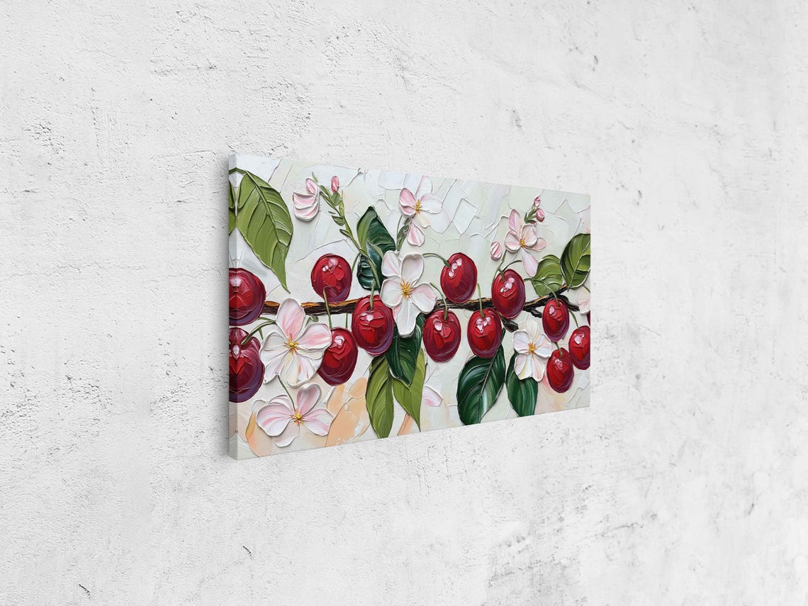 Glossy Red Cherries And Cherry Blossoms On Leafy Branch Art Poster - Image 4
