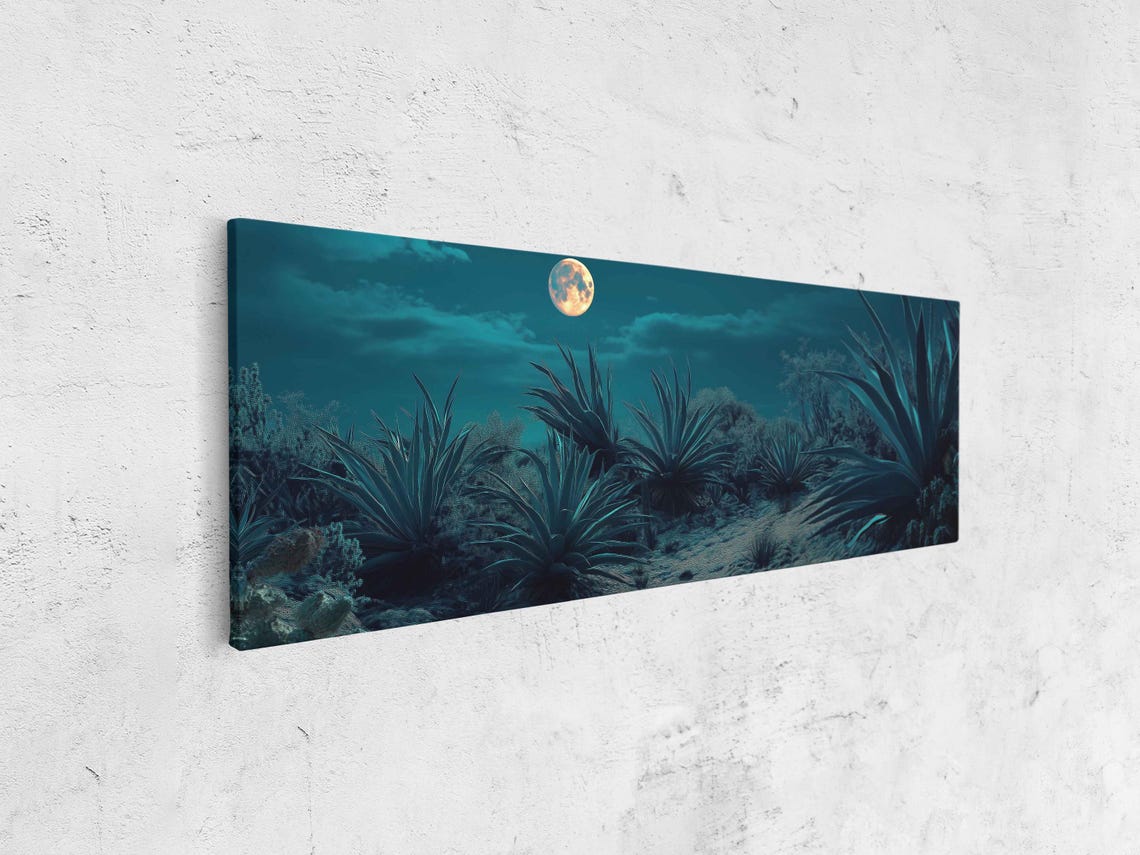Panoramic Moonlit Agave Desert Under A Teal Full Moon Poster - Image 4