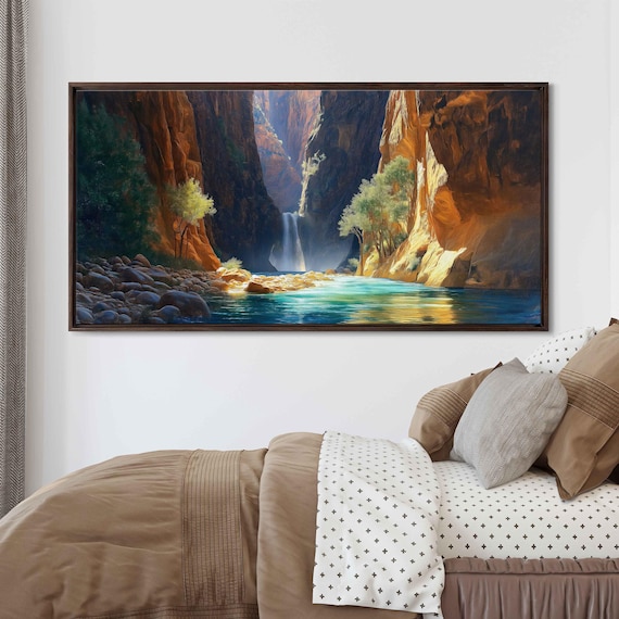 Zion Narrows Canyon River Waterfall Panoramic Painting Glowing Red Rock Walls Poster