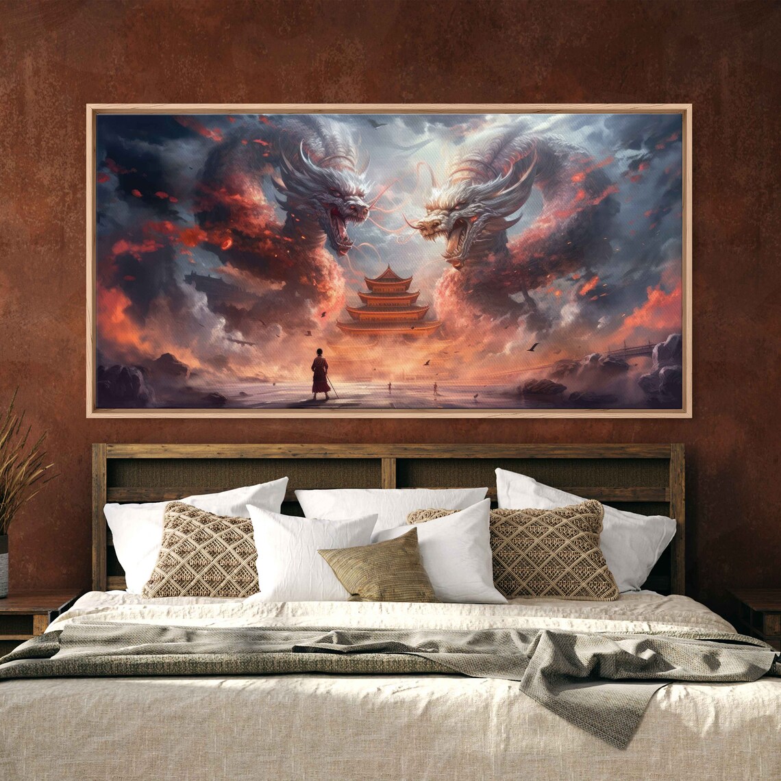 Twin Dragons Japanese Building Painting Framed Print Ready To Hang