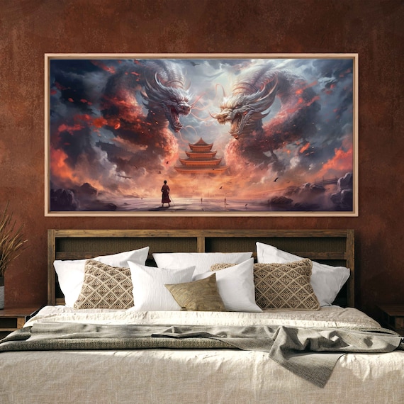 Twin Dragons Japanese Building Painting Framed Print Ready To Hang
