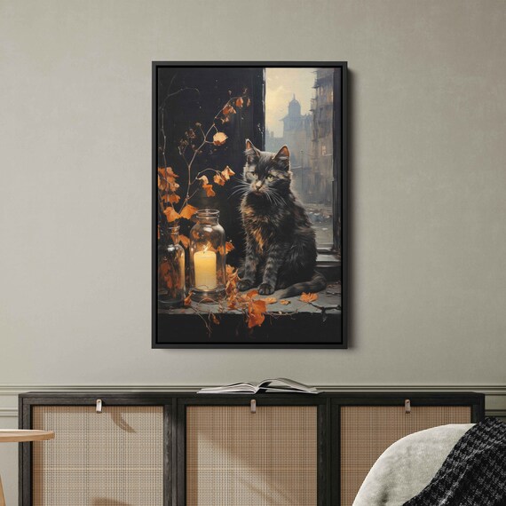 Black Cat On Windowsill Candle Autumn Leaves Cozy Painting Print