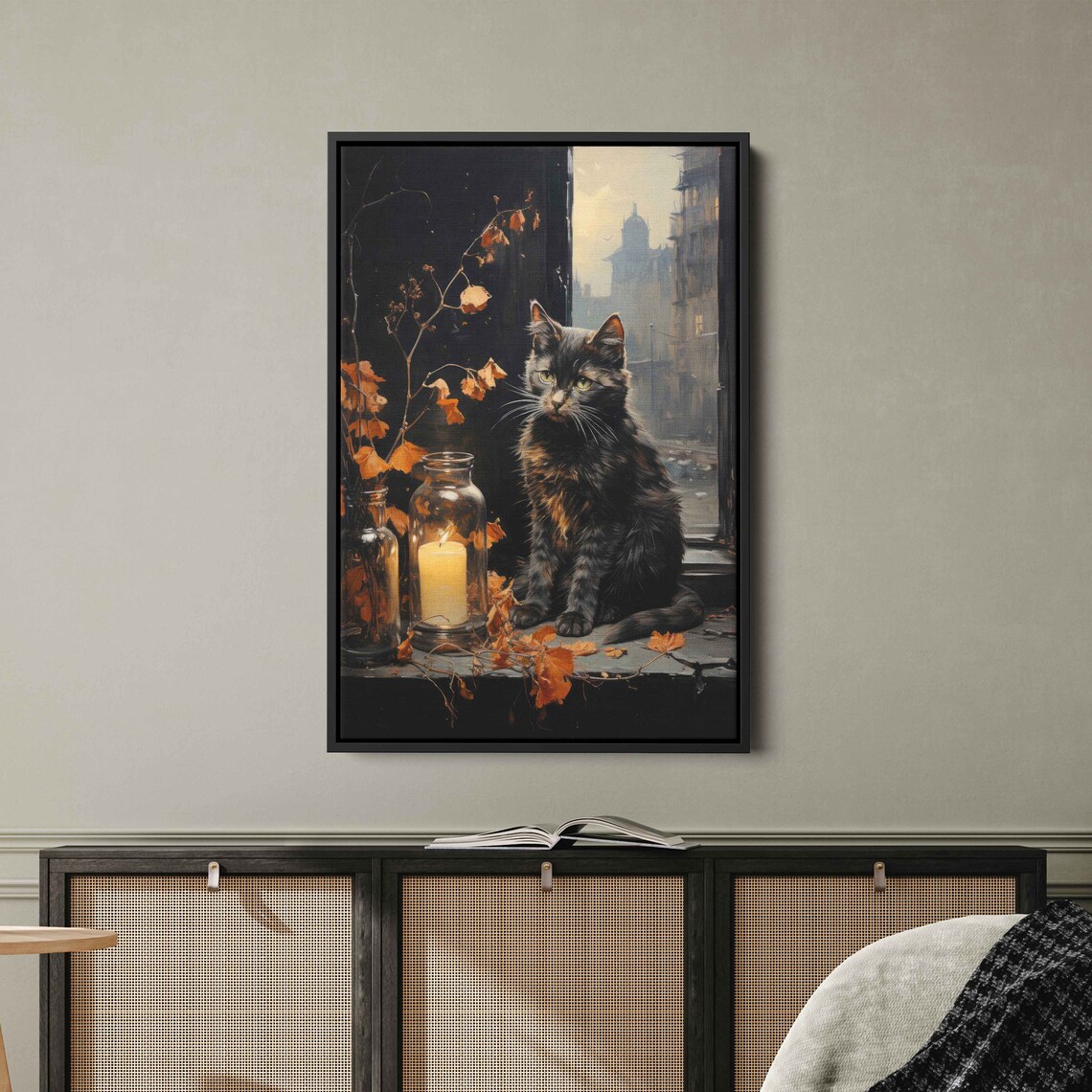 Black Cat On Windowsill Candle Autumn Leaves Cozy Painting Print