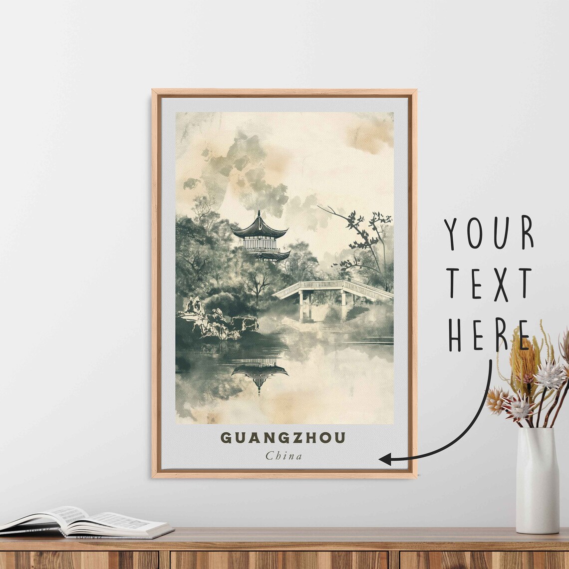 Guangzhou China Misty Pagoda Lake Ink Wash Monochrome Art Poster