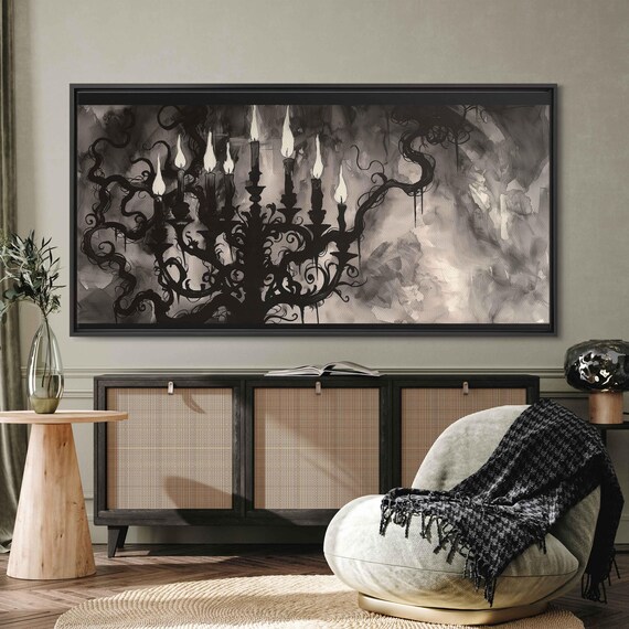 Gothic Candelabra With Burning Candles Smoky Monochrome Watercolor Wall Art Poster