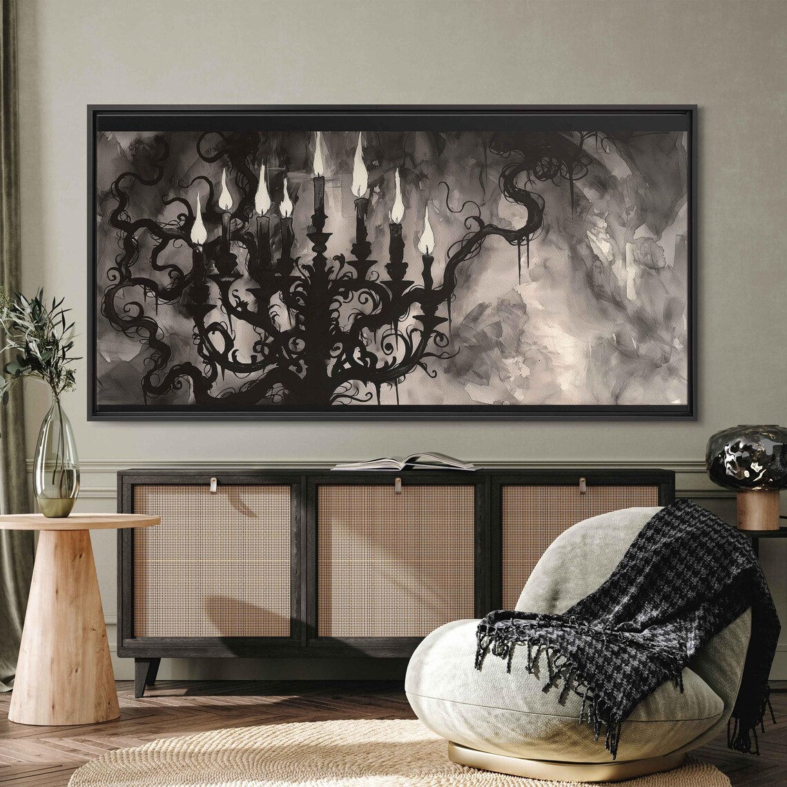 Gothic Candelabra With Burning Candles Smoky Monochrome Watercolor Wall Art Poster