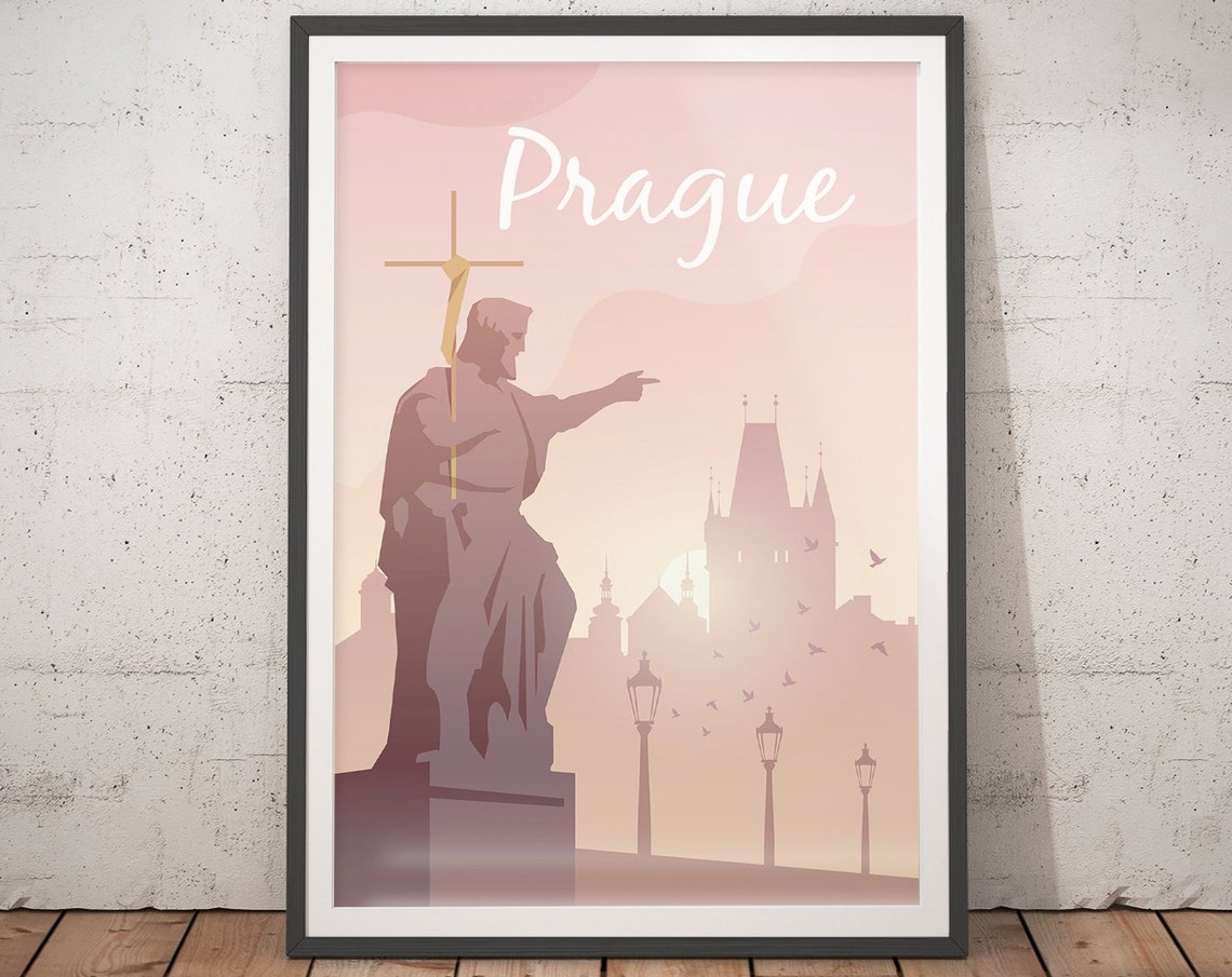 Prague Pastel Statue Old Town Skyline Minimalist Travel Wall Art