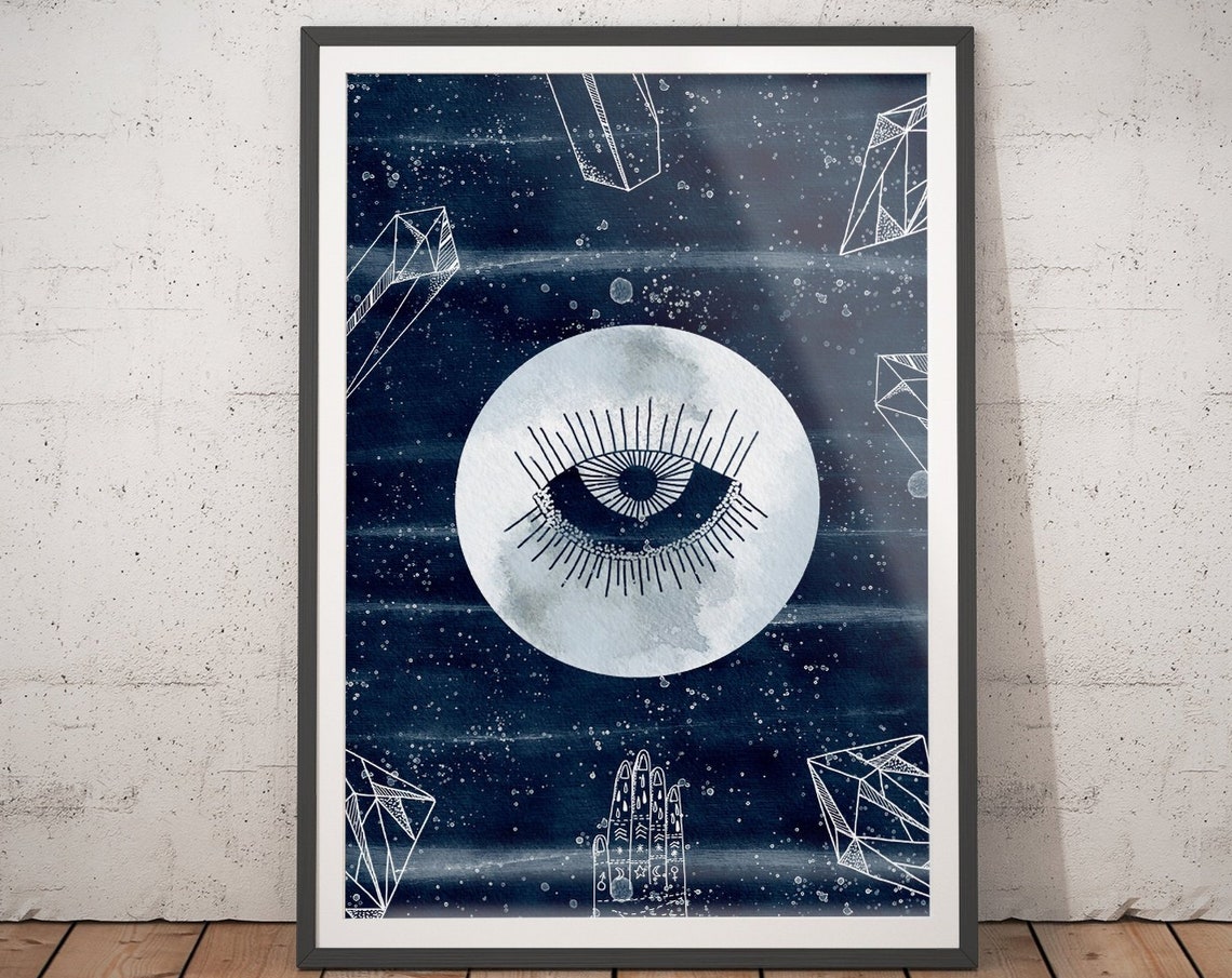 All Seeing Eye Moon Celestial Watercolor Navy Astrology Wall Art