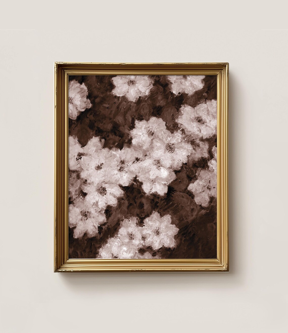 Sepia Floral Oil Painting White Blossoms Vintage Botanical Wall Art