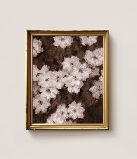 Sepia Floral Oil Painting White Blossoms Vintage Botanical Wall Art