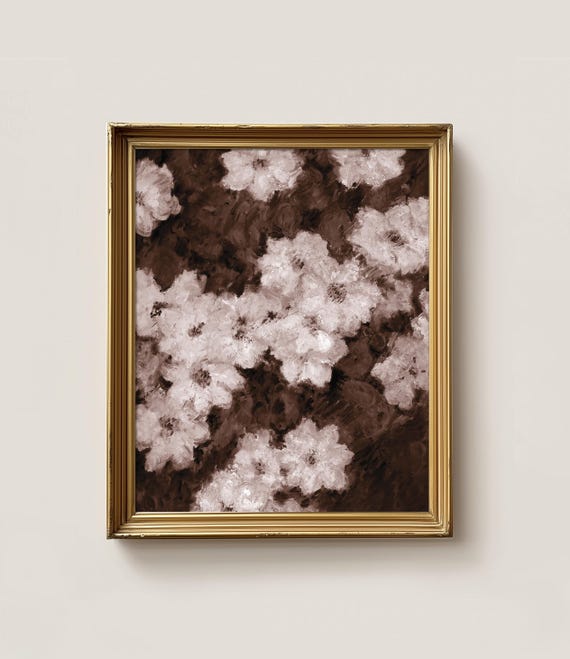 Sepia Flowers Oil Painting Vintage Floral Neutral Art Botanical Antique Art Claude Monet