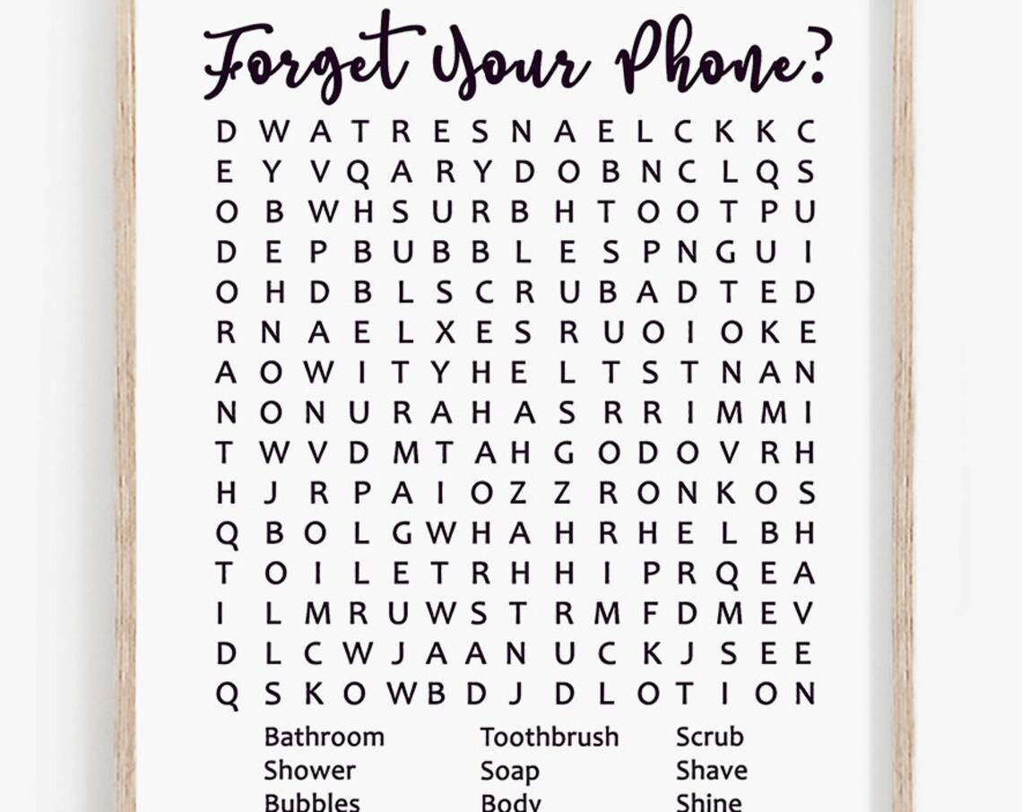 Forget Your Phone Bathroom Sign Word Search Art Print