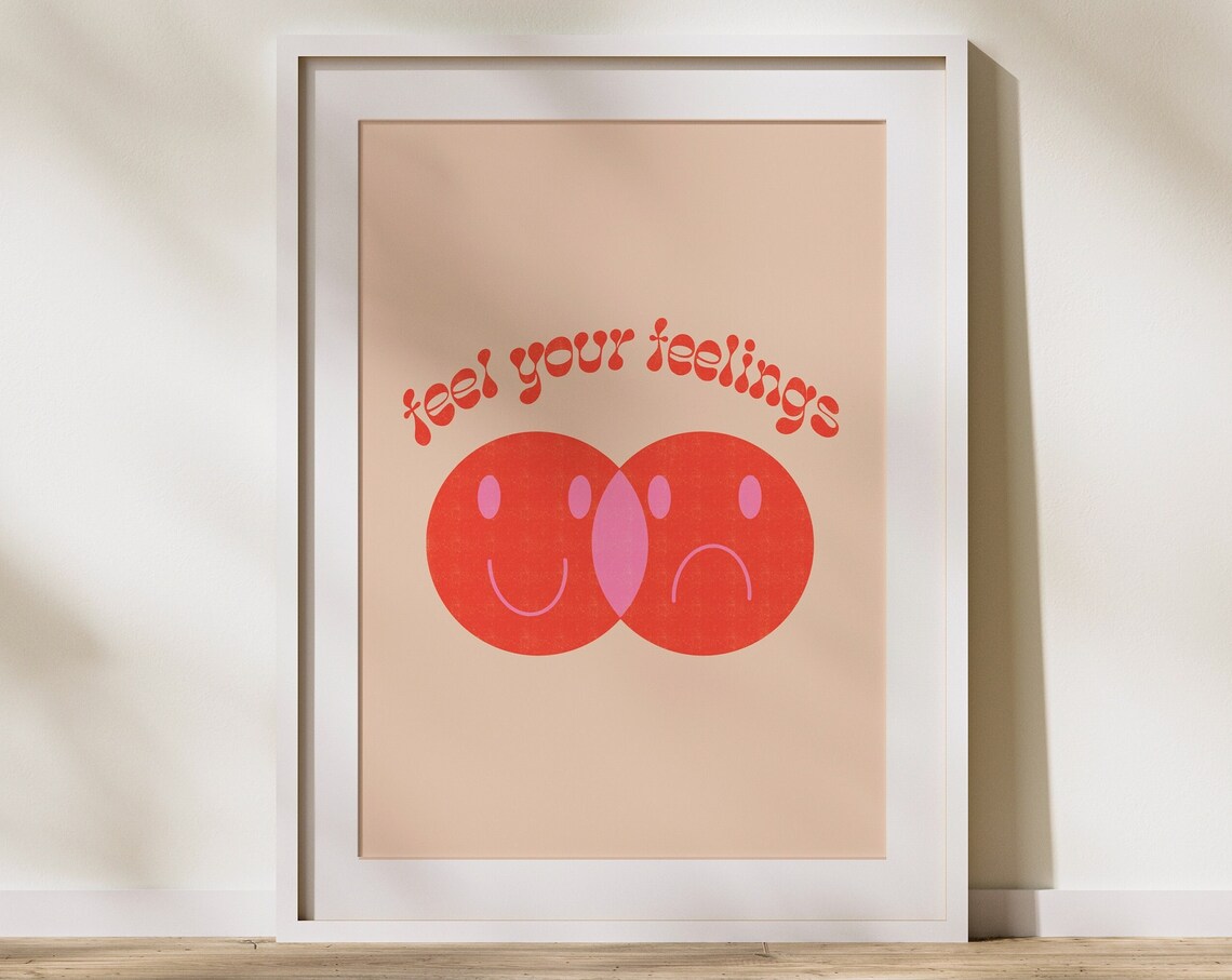 Feel Your Feelings Retro Smiley Face Beige Groovy Quote Art Poster - Image 2