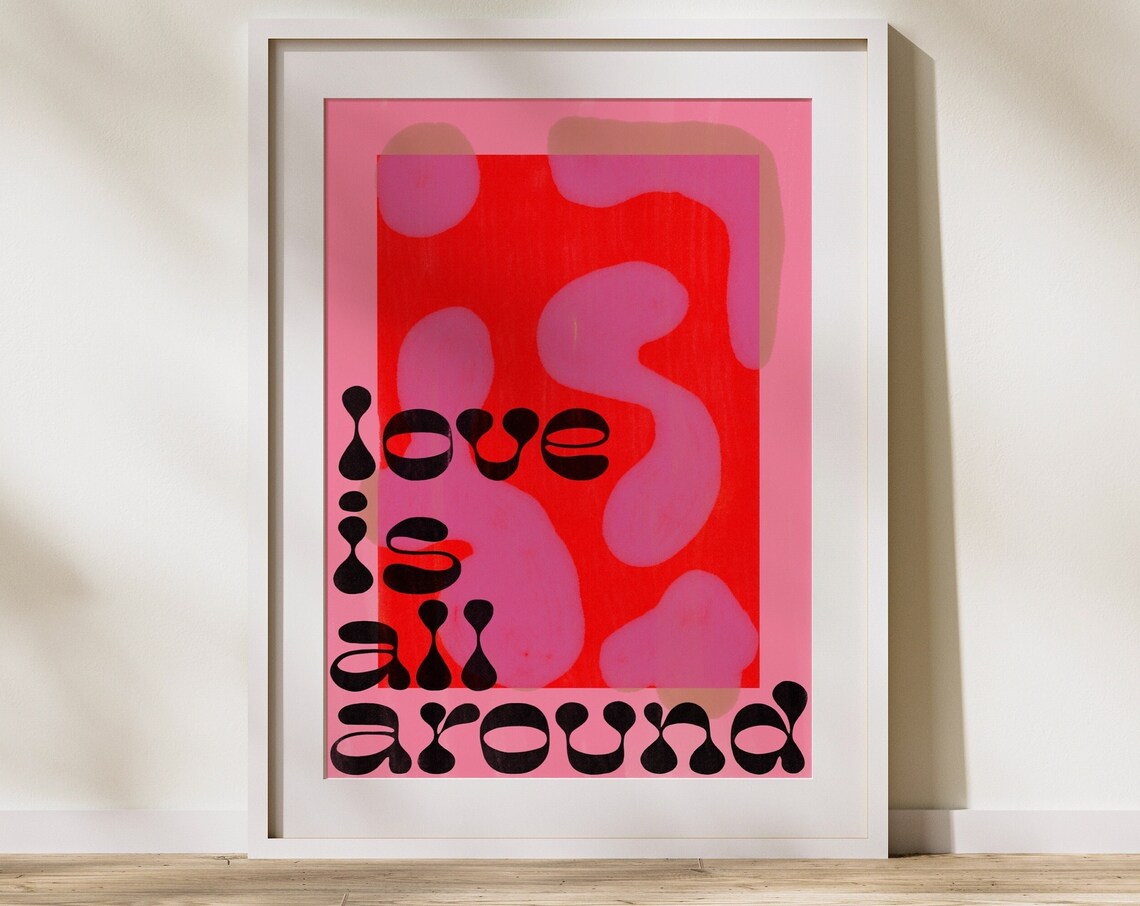 Love Is All Around Retro Groovy Pink Red Abstract Quote Art Poster - Image 3