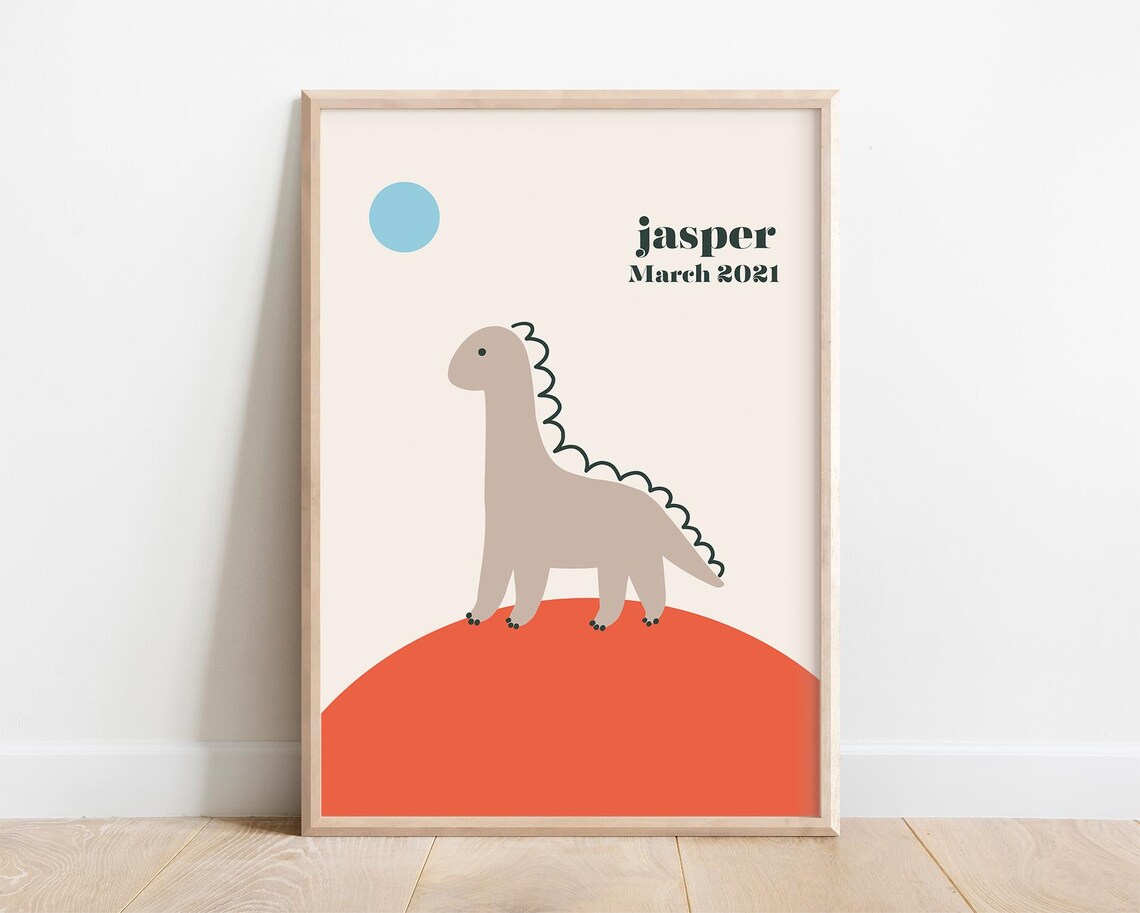 Custom Kids Baby Name Art, Retro Dinosaur Poster