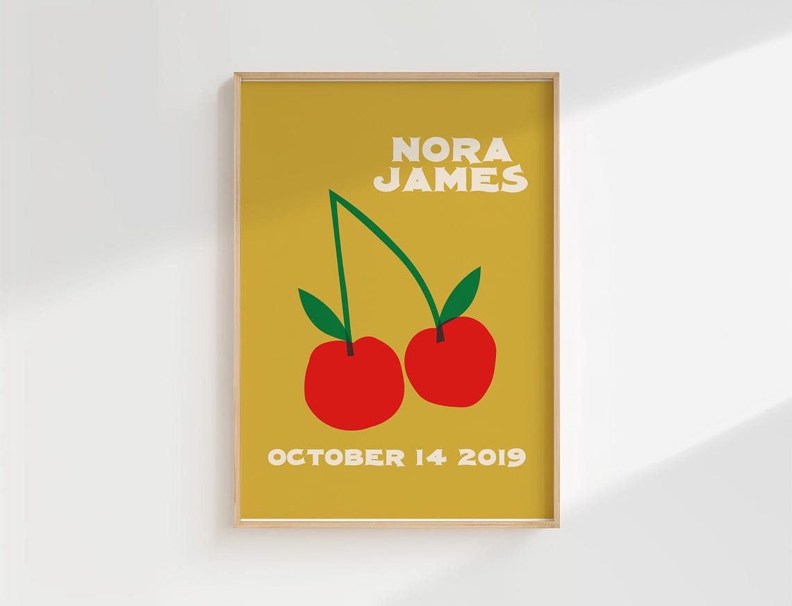 Nora James Personalized Name Birthdate Cherry Retro Art Poster - Image 3