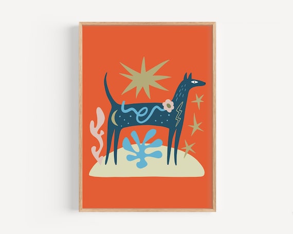 Abstract Blue Dog Poster with Folk Art Sun and Flower Motif Design