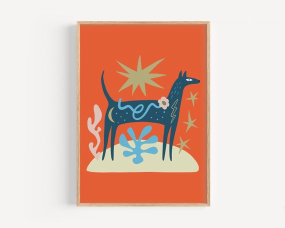 Colorful Dog Poster Kids Bedroom Wall Art Bold Playroom Decor Funky Toddler Print Matisse Style Animal Picture Whimsical Nursery Decor