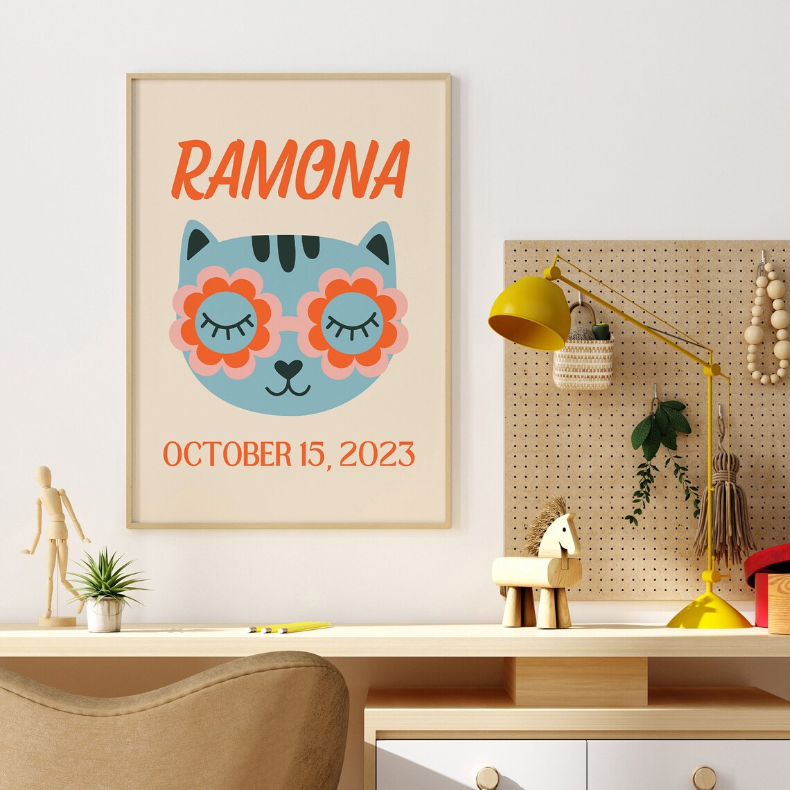 Custom Kids Name Art, Retro Blue Cat Poster - Image 4