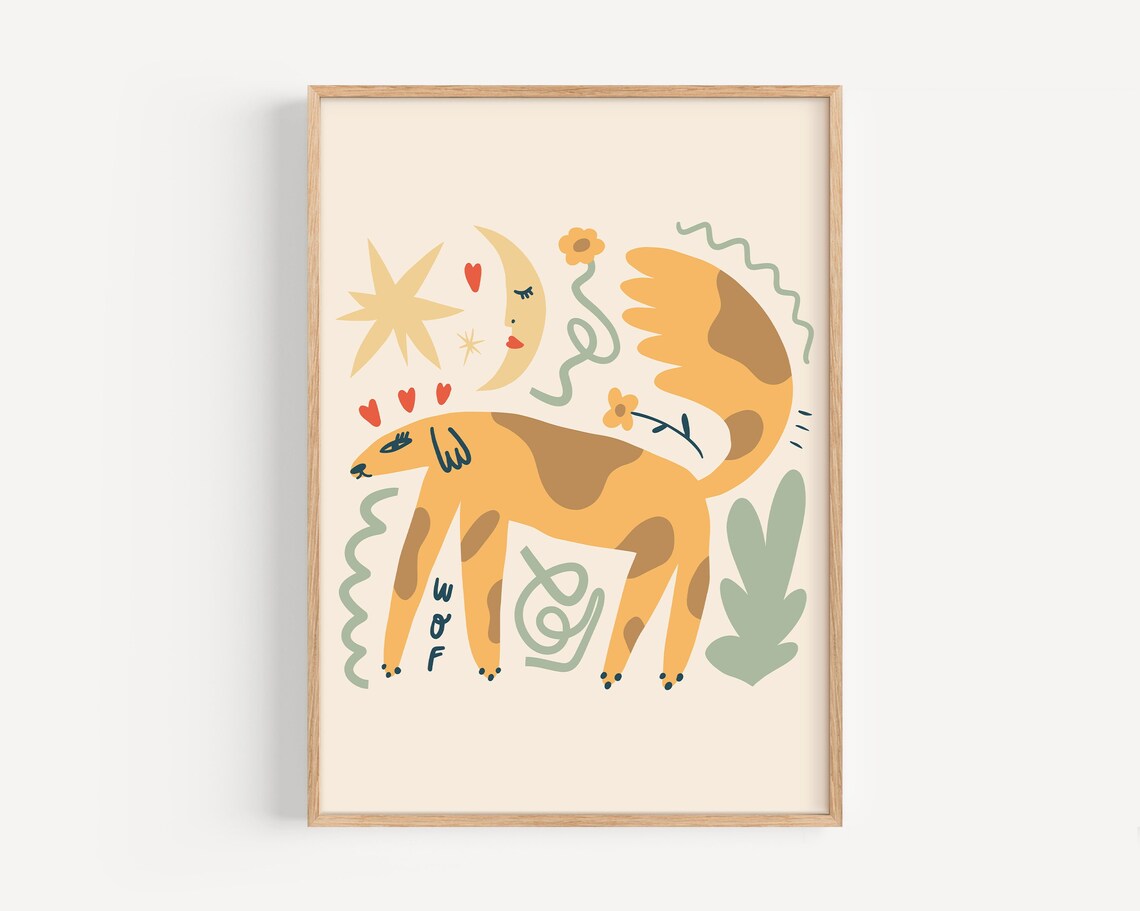 Funky Dog Print, Boho Kids Room Art Print