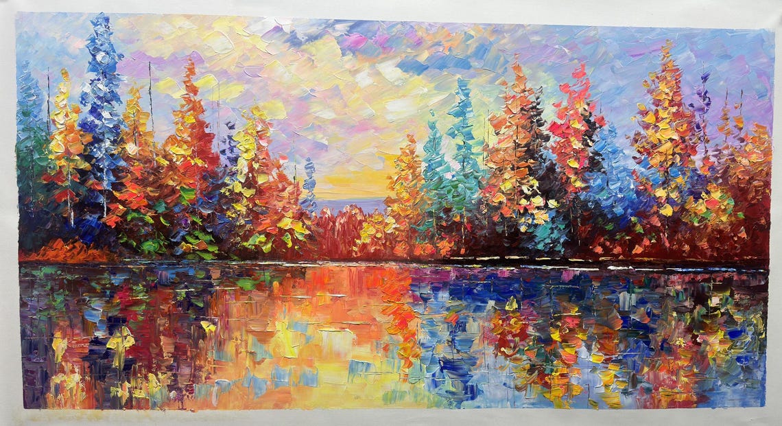 Colorful Autumn Lakeside Reflection Sunset Palette Knife Art Poster - Image 4
