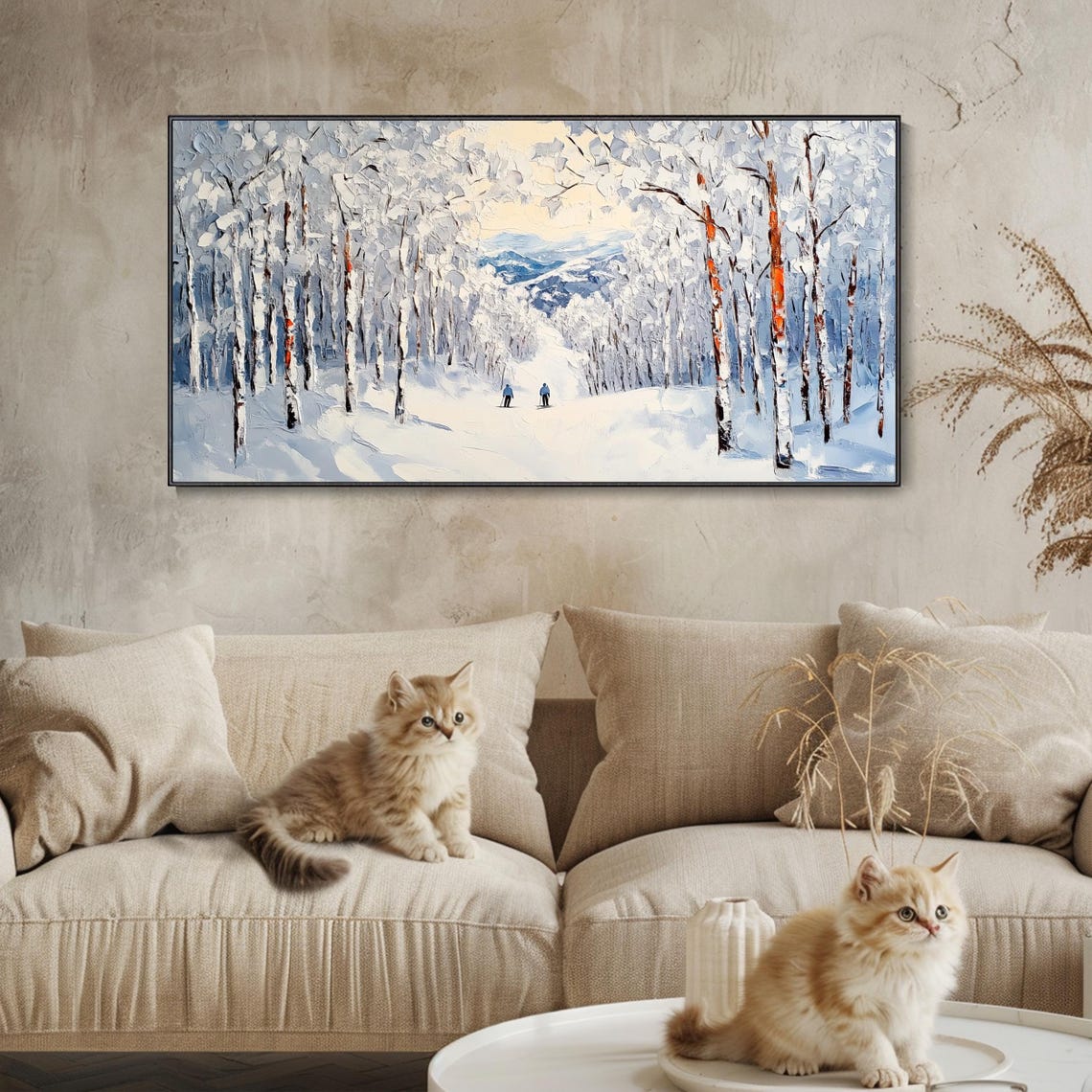 Winter Birch Forest Path Two Figures Snowy Impasto Landscape Poster - Image 3