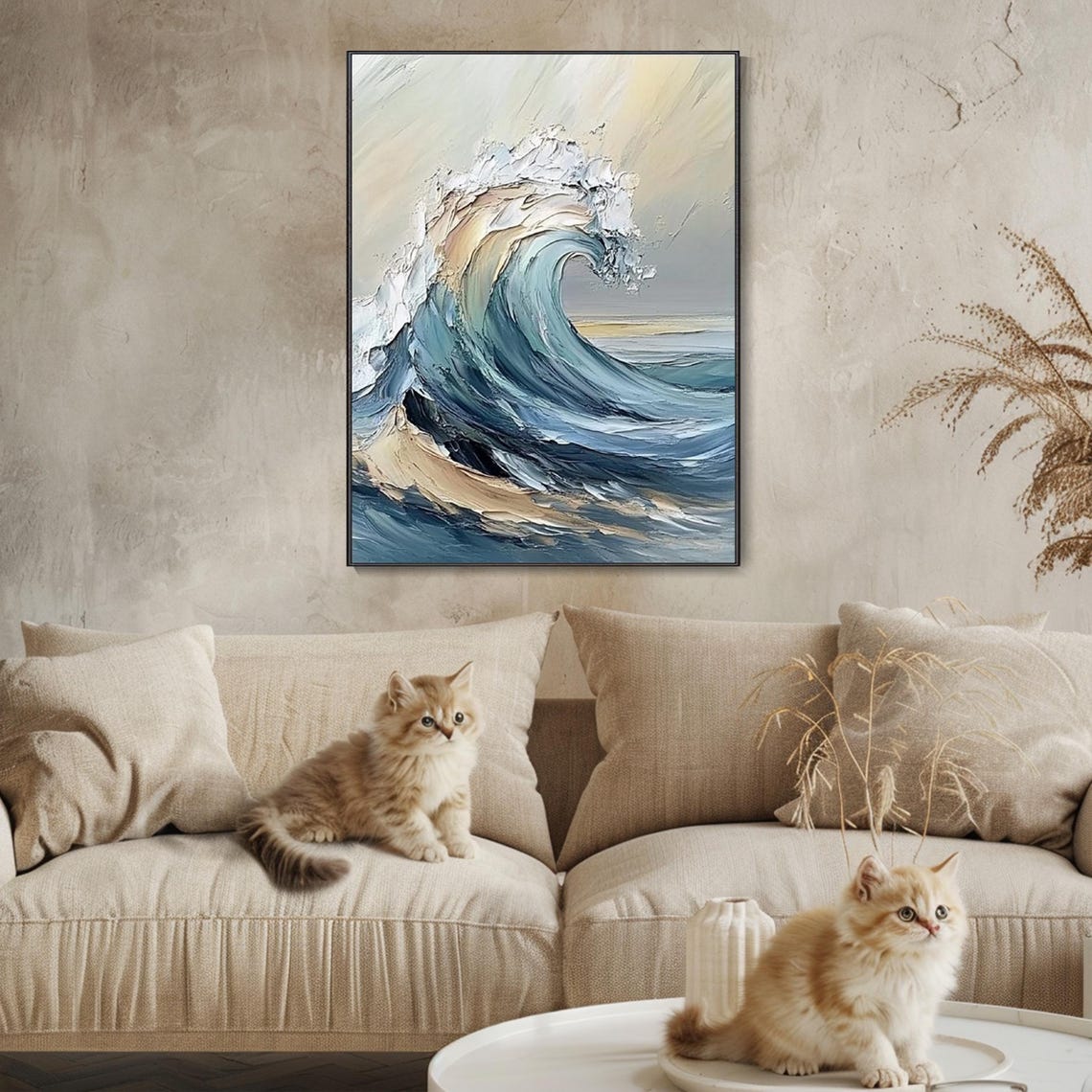 Large Curling Ocean Wave Blue Gold Textured Seascape Art Poster - Image 3