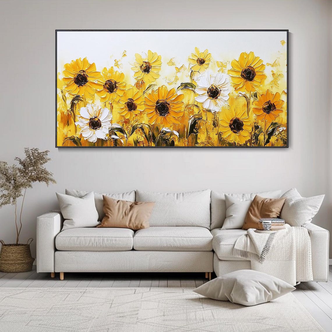 Bright Sunflower Field White Background Golden Impasto Floral Poster - Image 2