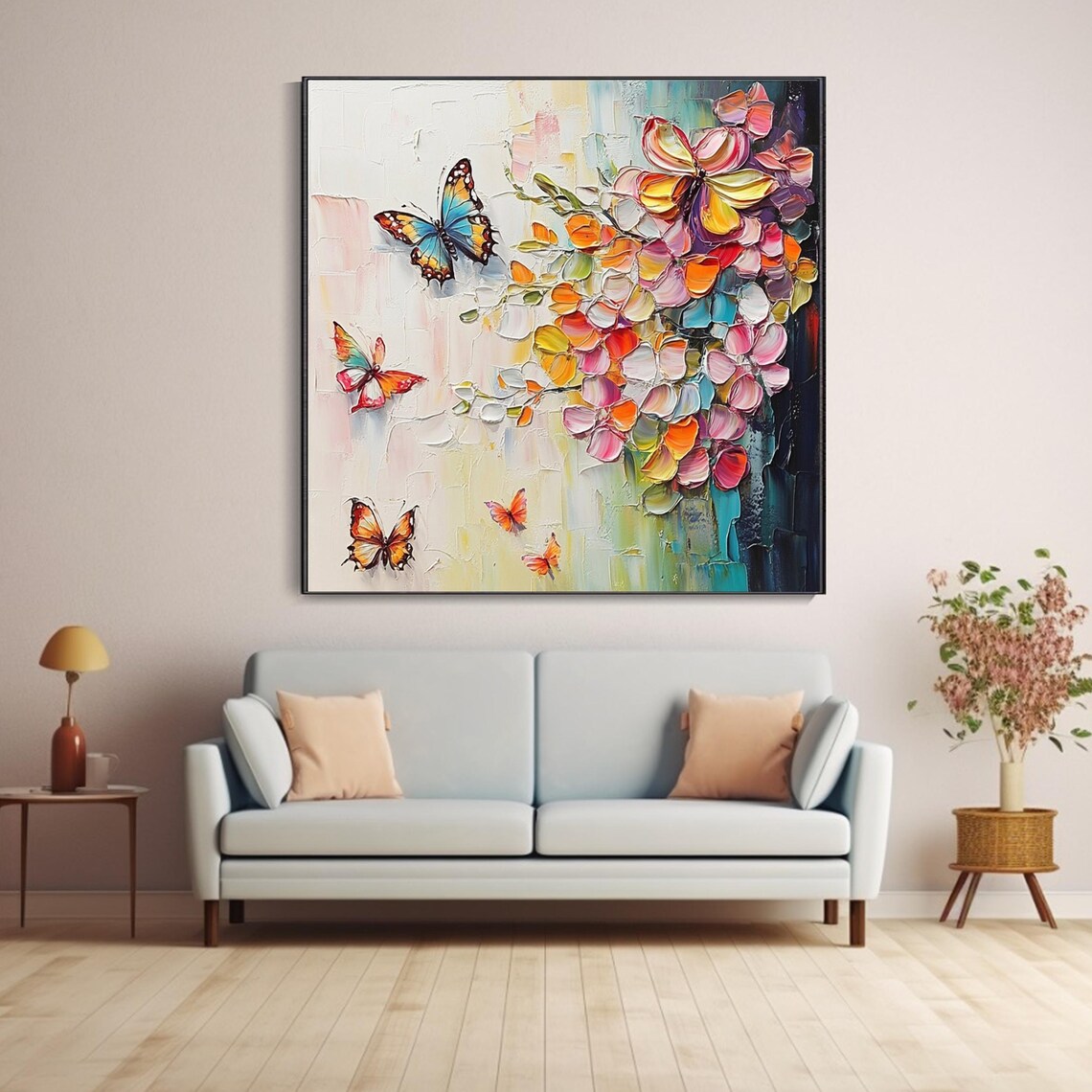 Colorful Blossom Branch with Butterflies Textured Floral Art Poster - Image 5