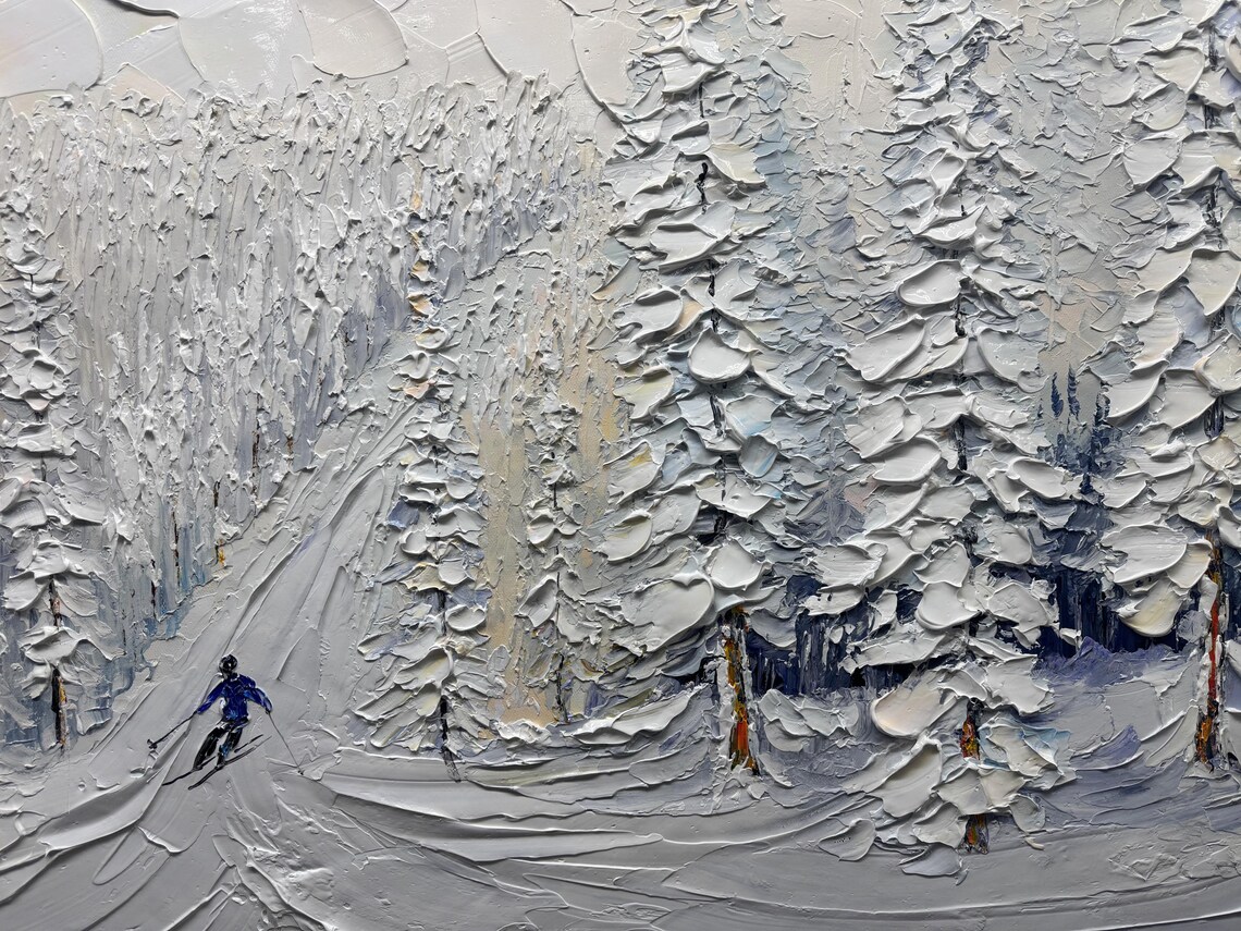 Snowy Pine Tree Forest Painting On Original Ski Sport 3d Texture Wall Art Personalized Gift Snowy Mountain Art White Snow Skiing Art - Image 2