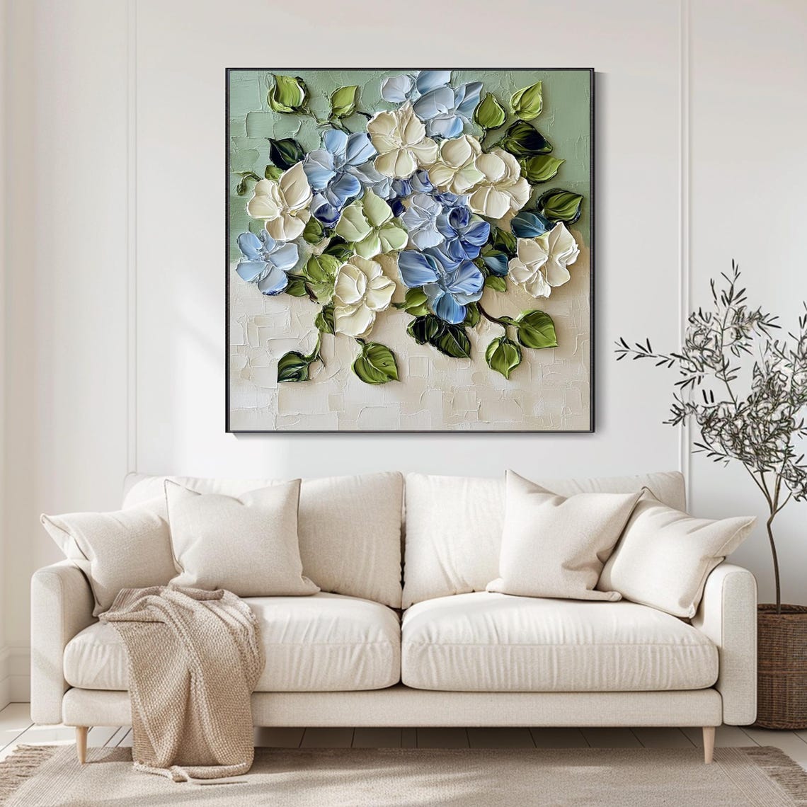 Blue White Hydrangea Blossoms Sage Green Impasto Floral Poster - Image 4