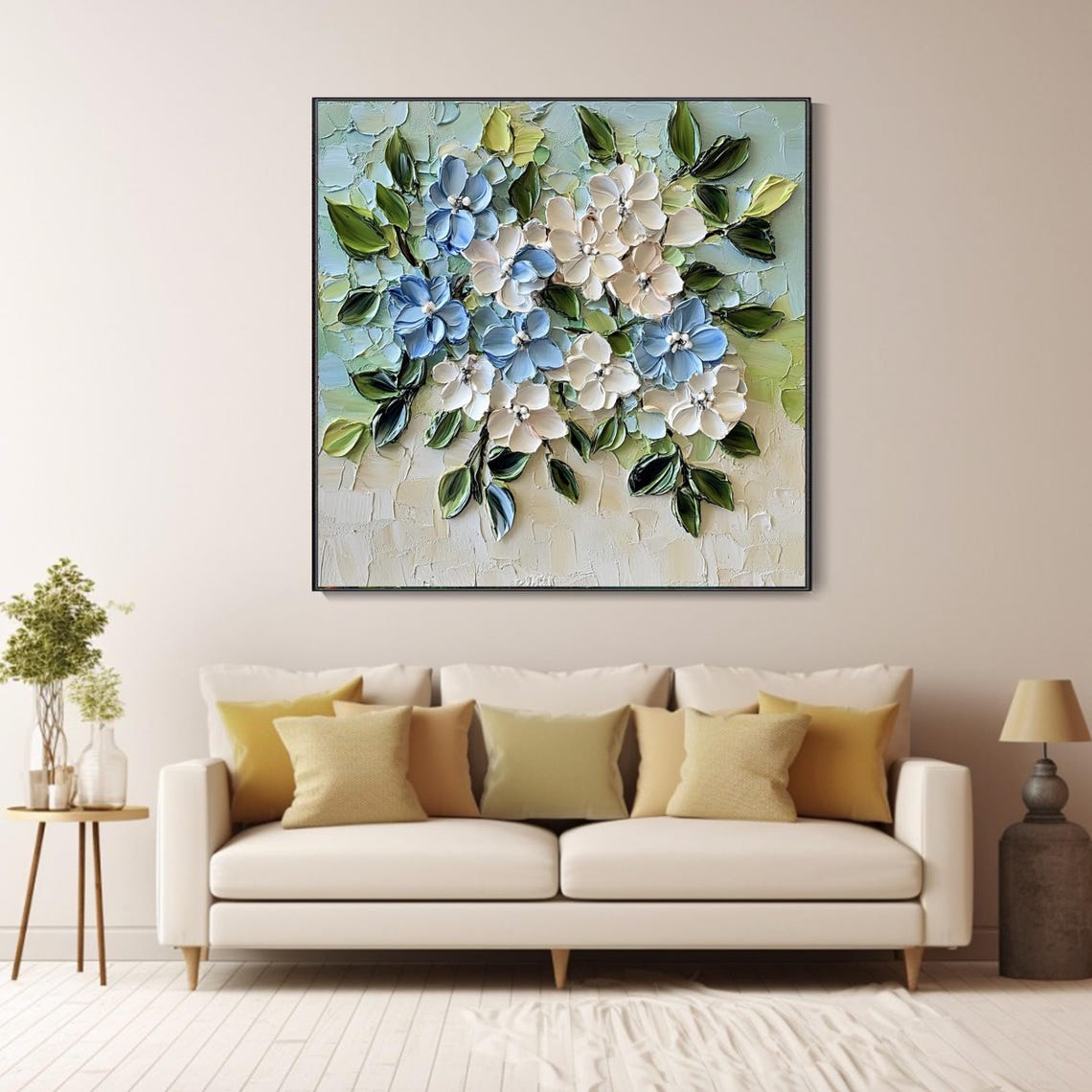 Blue White Blossom Branch Heavy 3D Impasto Floral Textured Poster - Image 5