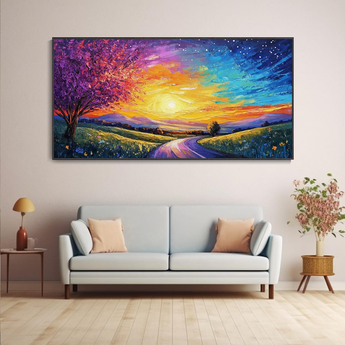 Sunset Starry Night Sky Mountain Country Road Oil Painting Poster - Image 4